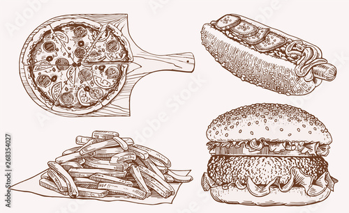 Graphical vintage set of fast food , vector sketchy illustration