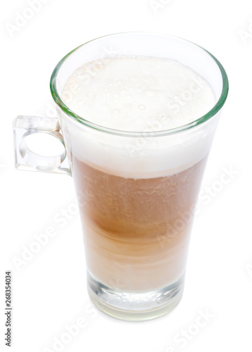 glass of fresh atte coffee isolated on white background with clipping path