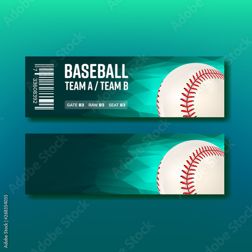 Colorful Ticket Visit Baseball Template Vector. Turquoise Flyer Invitation For See Major League Baseball Postseason Sport. Leather Ball With Seam And Venue Detail Realistic 3d Illustration