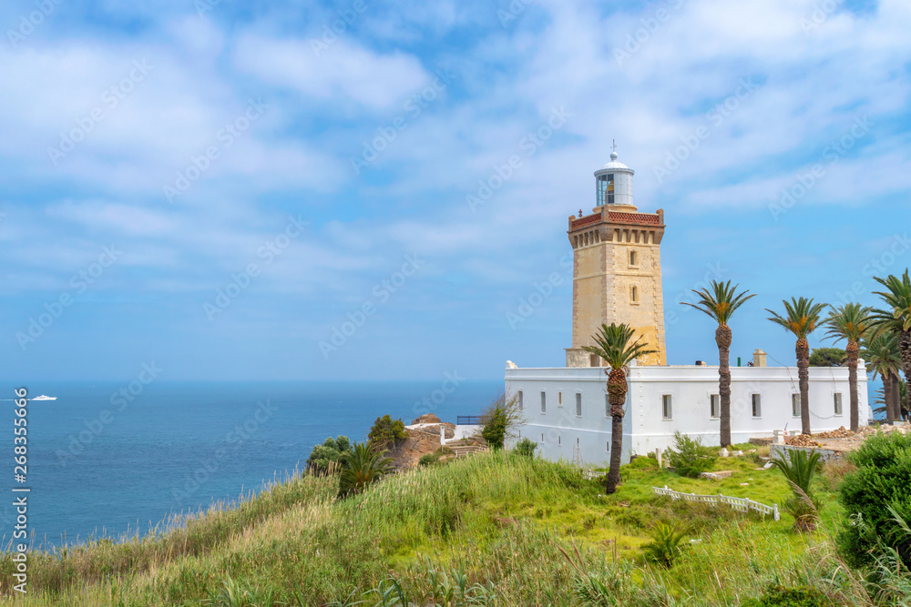 View of Cape Spartel lighthouse at the entrance of the strait of Gibraltar near Tangier in Morocco