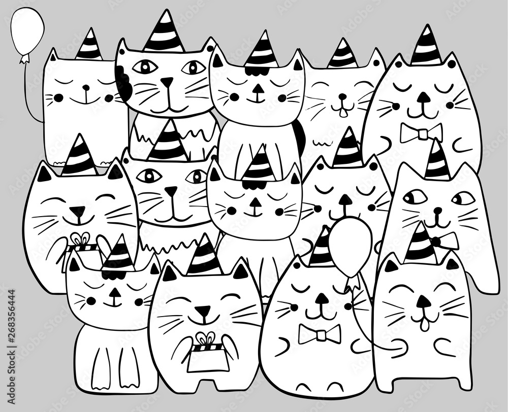 Set of funny stylized cats. Birthday celebration. Coloring page. Hand drawn doodle vector illustration. 