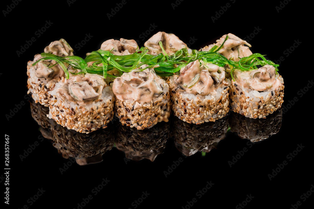 Sushi Roll - Maki Sushi pieces collection with Salmon Roe, Smoked Eel, Cucumber, Cream Cheese, Sesame, Avocado, Onion Fries, Crab Meat, Tobiko isolated on black background - Image Sushi Roll - Maki Sushi pieces collection with Salmon Roe, Smoked Eel, Cucumber, Cream Cheese, Sesame, Avocado, Onion Fries, Crab Meat, Tobiko isolated on black background - Image
