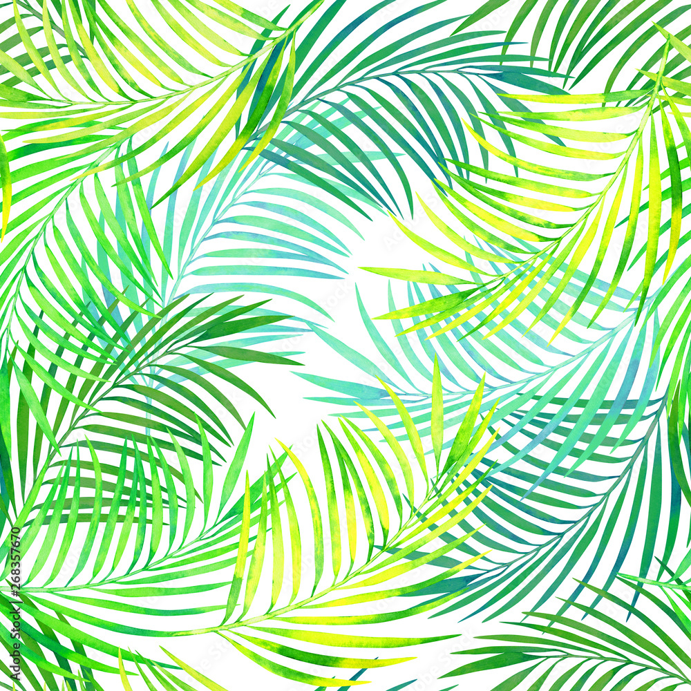 seamless tropical pattern of coconut leaves watercolor texture, tropical leaves on a sunny day on a white background.
