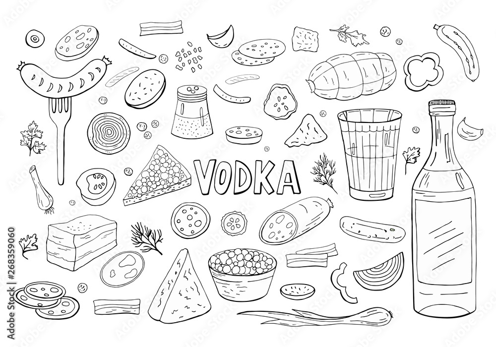 Russian vodka and diferent food elements black and white isolated on white. Russian vodka and diferent food elements black and white isolated on white.