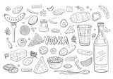 Russian vodka and diferent food elements black and white isolated on white.