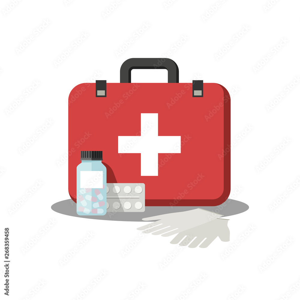 Obraz premium Health care illustration. Flat icons of medical box and pharma medicine icons