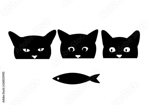 Hungry cats are looking at fish. Silhouette of a cat's head. Vector illustration