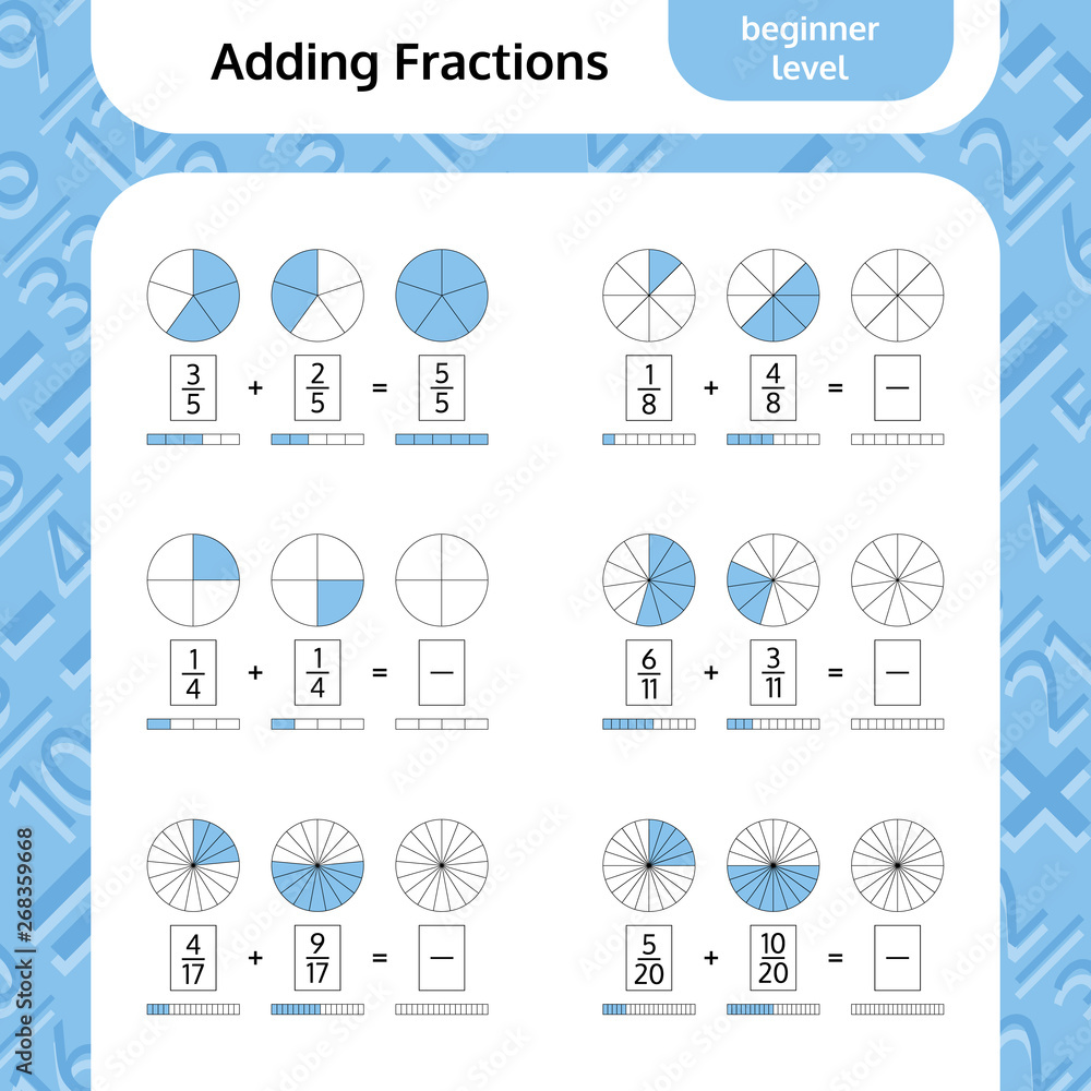 Adding Fractions Mathematical Worksheet. Coloring Book Page. Math Puzzle. Educational Game. Vector illustration.