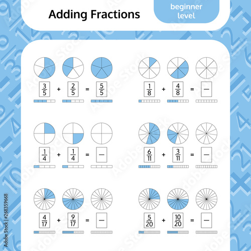 Adding Fractions Mathematical Worksheet. Coloring Book Page. Math Puzzle. Educational Game. Vector illustration.
