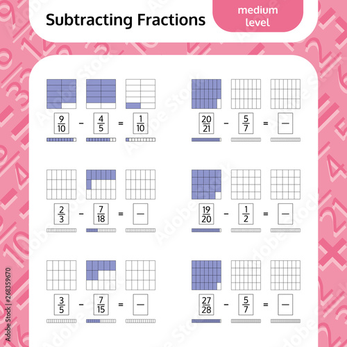 Subtracting Fractions Mathematical Worksheet. Squares. Coloring Book Page. Math Puzzle. Educational Game. Vector illustration.