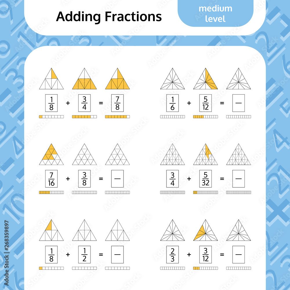 Adding Fractions Mathematical Worksheet. Triangles. Coloring Book Page. Math Puzzle. Educational Game. Vector illustration.