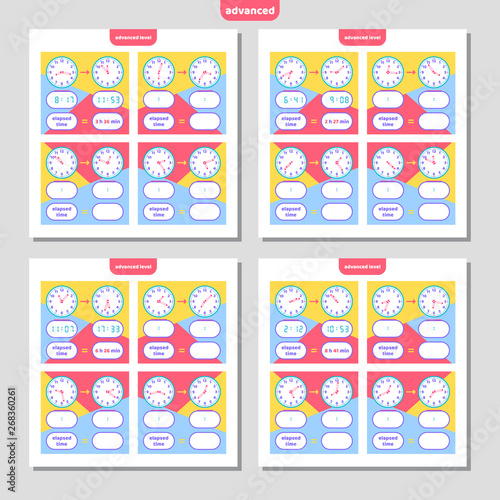 Elapsed time and Telling time worksheet for kids. Understanding analog and digital clocks. Educational Game Set. Math game. Vector illustration.