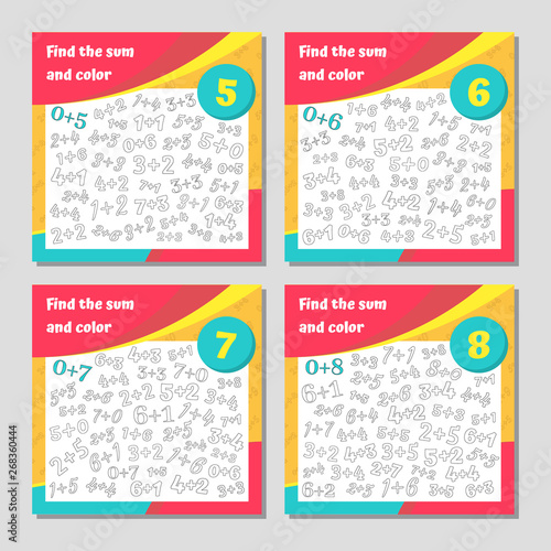 Find the sum and color addition worksheet set. Coloring book page. Math game. Addition, writing and search skills educational exercise. Vector illustration.