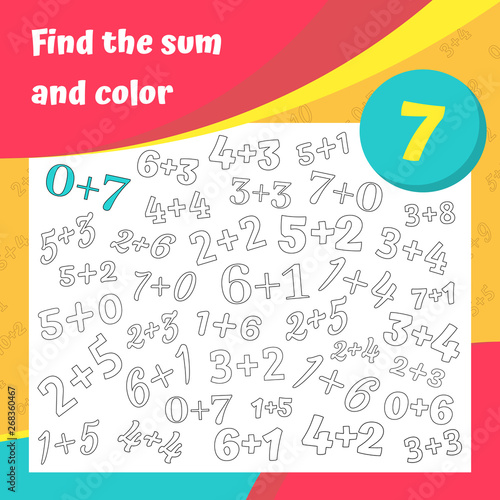 Find the sum and color addition worksheet set. Coloring book page. Math game. Addition, writing and search skills educational exercise. Vector illustration.