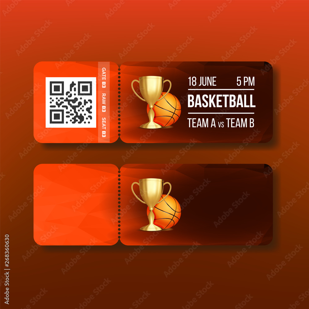 Ticket With Tearoff Coupon On Basketball Vector. Stylish Flyer