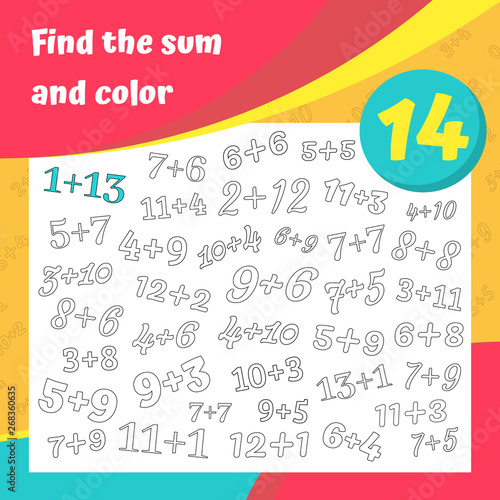 Find the sum and color addition worksheet set. Coloring book page. Math game. Addition, writing and search skills educational exercise. Vector illustration.