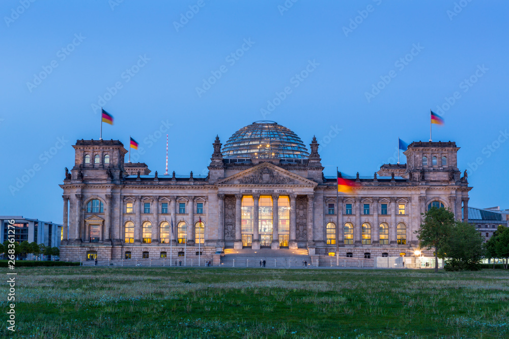 Reichstag Building or German Parliament in Berlin during blue hour