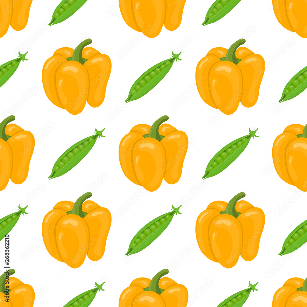 Seamless pattern with fresh bell pepper and pea vegetables. Organic food. Cartoon style. Vector illustration for design, web, wrapping paper, fabric, wallpaper. Seamless pattern with fresh bell pepper and pea vegetables. Organic food. Cartoon style. Vector illustration for design, web, wrapping paper, fabric, wallpaper.