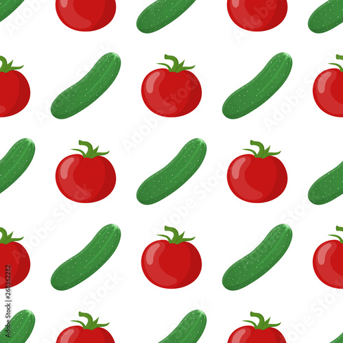 Fototapeta Naklejka Na Ścianę i Meble -  Seamless pattern with cucumber and tomato vegetables. Organic food. Cartoon style. Vector illustration for design, web, wrapping paper, fabric, wallpaper.
