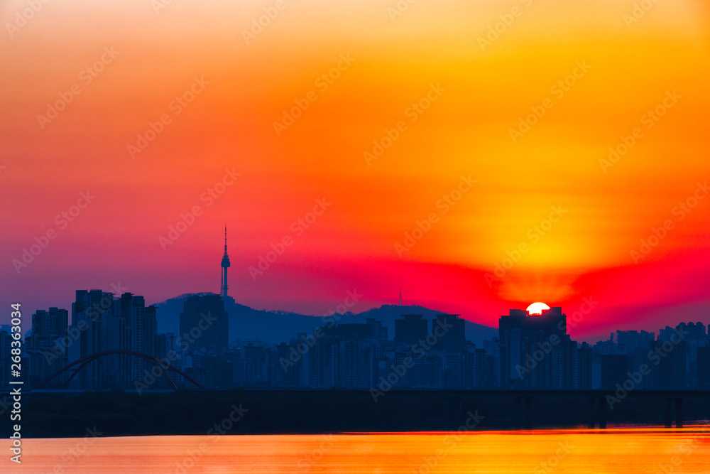 Silhouettec sunsise in Seoul during spring time Silhouettec sunsise in Seoul during spring time