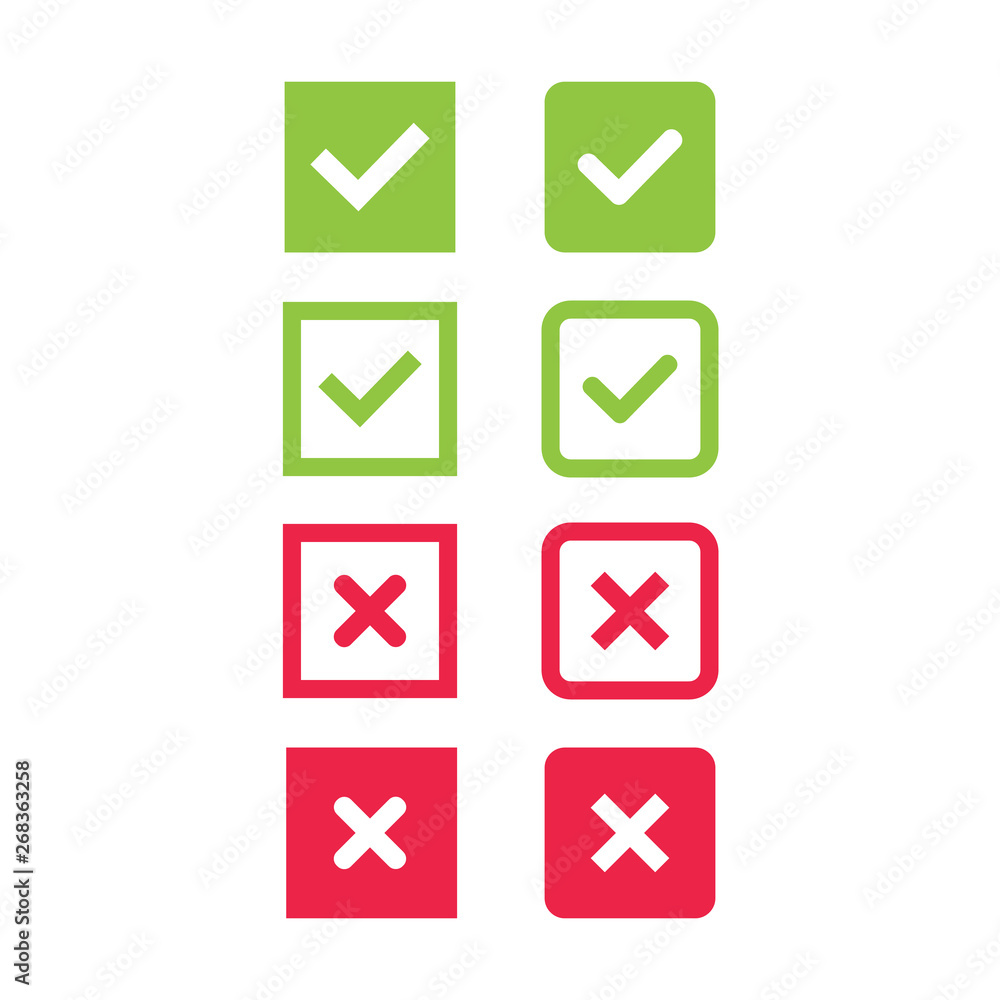 Large set of flat buttons: green check marks and red crosses. Square, hard and rounded corners. - Vector Large set of flat buttons: green check marks and red crosses. Square, hard and rounded corners. - Vector