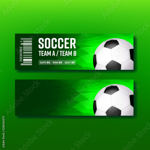 Green Ticket For Visit Soccer Season Match Vector. Modern Bright Ticket Invitation For Watching Football On Stadium. Playing Ball, Gate, Raw And Seat Information On Flyer. Realistic 3d Illustration
