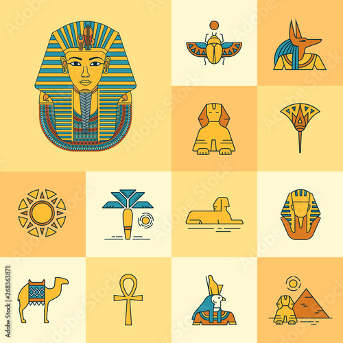 Colorful Vector illustration of Tutankhamen masks with various icons of sights and symbols of Egypt.