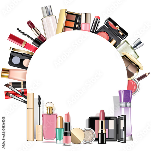Vector Round Blank Frame with Makeup Cosmetics