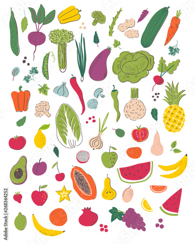 Fruits and vegetables hand draw illustration set