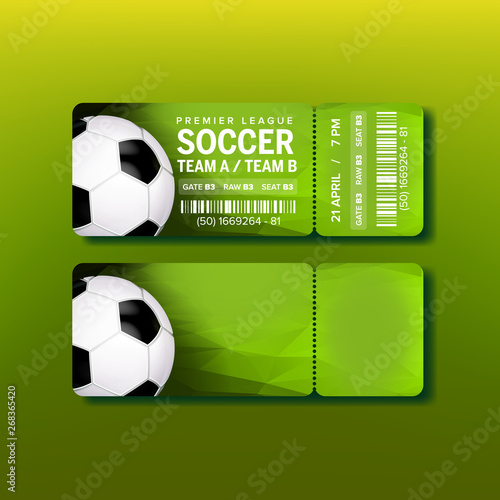 Ticket For Final Of Premier League Soccer Vector. Design Colorful Ticket For Watching Football Match On Stadium. Game Ball, Venue Details Depicted On Green Flyer. Realistic 3d Illustration