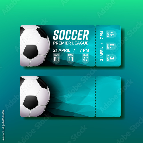 Ticket Tear-off Coupon For Soccer Match Vector. Design Stylish Ticket For Visit Stadium And Watching World Championship Football Game. Ball, Team Names And Venue Information. Realistic 3d Illustration