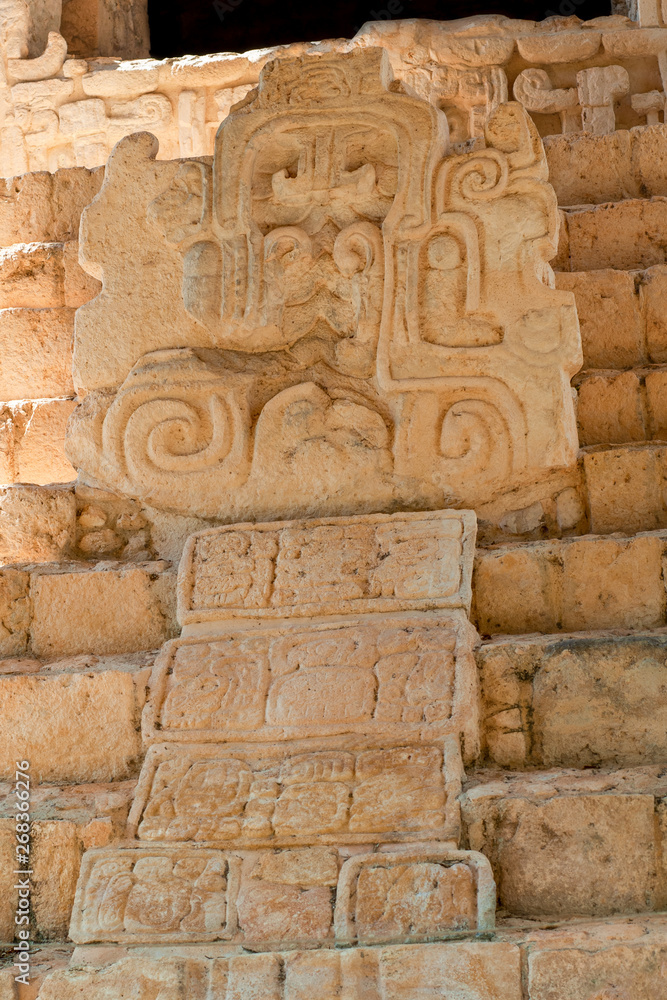 Detail of an ancient Mayan sculpture, in the archaeological area of Ek Balam, in the Yucatan peninsula