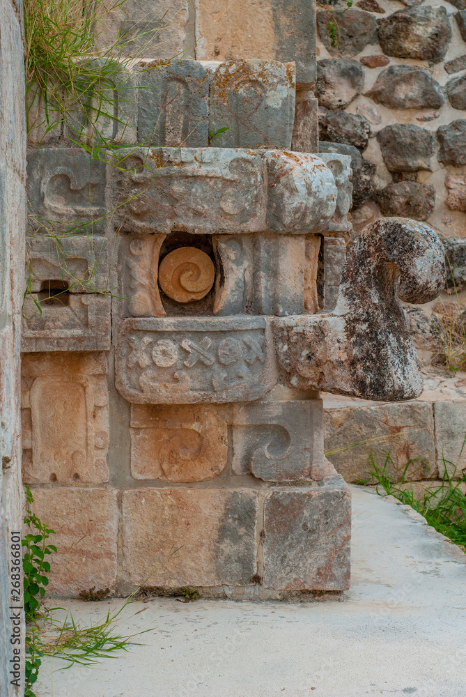 Portrait of a Maya stone decoration, symbolizing an elephant, of the archaeological area of Ek Balam, in the Yucatan Peninsula