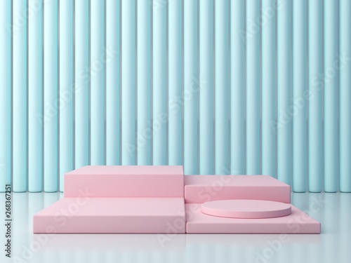 3d render. Pastel colors shapes on a blue abstract background. Minimal boxes and geometric podium. Scene with geometrical forms. Empty showcase for cosmetic product presentation. Fashion magazine. 