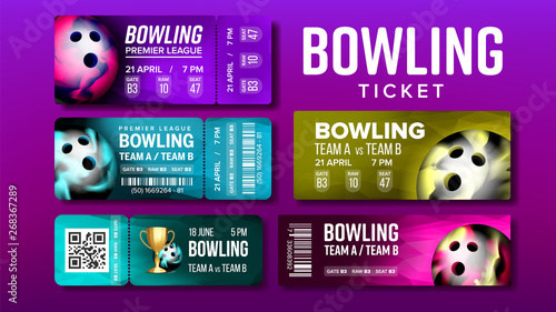 Stylish Design Bowling Game Tickets Set Vector. Different Collection Of Tickets Decorated Gaming Equipment, Qr And Bar Codes And Venue Details. Colorful Flyers Realistic 3d Illustration