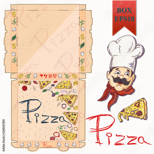 ready made layout of_19_the packaging box for pizza food design in the style of color contour drawing depicting the products used for cooking