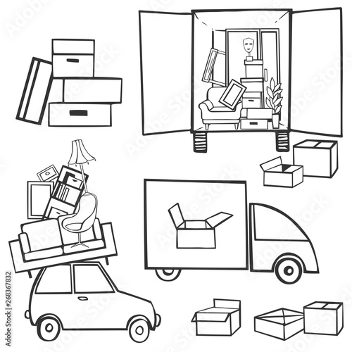 Moving truck and cardboard boxes. Relocation. Vector illustration.