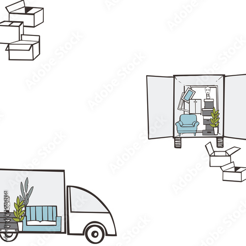 Moving trucks and cardboard boxes. Relocation. Vector background.