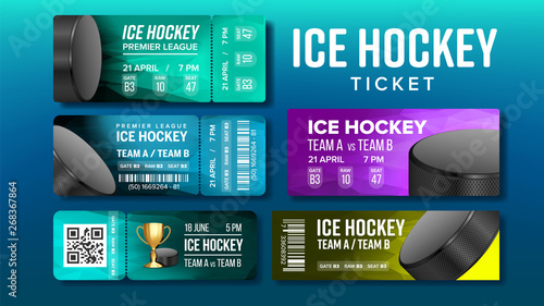 Stylish Design Ice Hockey Game Tickets Set Vector. Collection Of Tickets Invitation For Watching Premier League Match Decorated Playing Ball And Venue Details. Realistic 3d Illustration