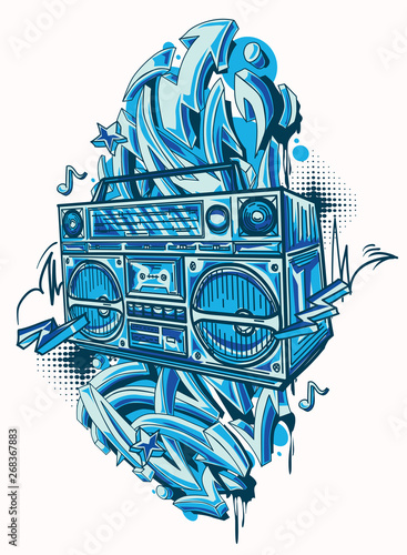 Funky colorful boom box and graffiti arrows