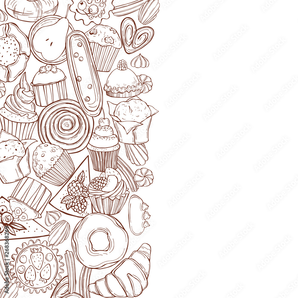 Bakery products background. Cookies, cakes, muffins. Vector sketch illustration. Bakery products background. Cookies, cakes, muffins. Vector sketch illustration.
