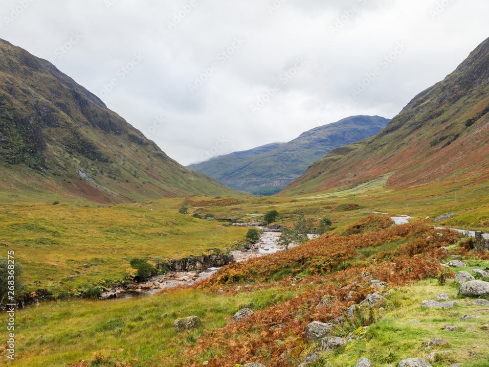 Wide view into Glen Etive and the River Etive in the Highlands of Scotland