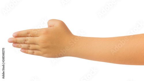 Human hand in reach out one's hand and counting number four fingers gesture isolate on white background with clipping path, High resolution and low contrast for retouch or graphic design © poravute