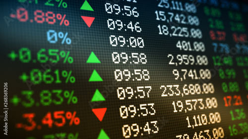 close-up view of a stock market data board (3d render)