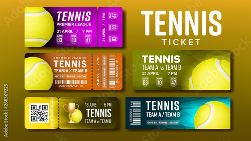 Stylish Design Tickets For Visit Tennis Set Vector. Collection Of Bright Tickets Flyers For Watching Court Game Decorated Playing Equipment And Information Of Place. Realistic 3d Illustration