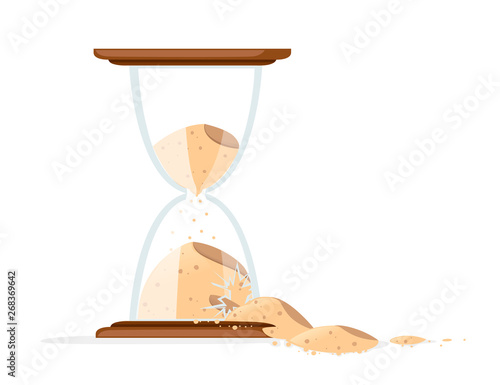 Broken Hourglasses colored icon. Sand pours out. Flat vector illustration isolated on white background. Antique time measurement. Transparent glass