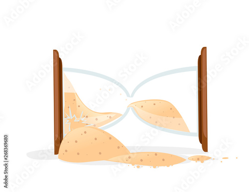 Broken Hourglasses colored icon. Sand pours out. Flat vector illustration isolated on white background. Antique time measurement. Transparent glass