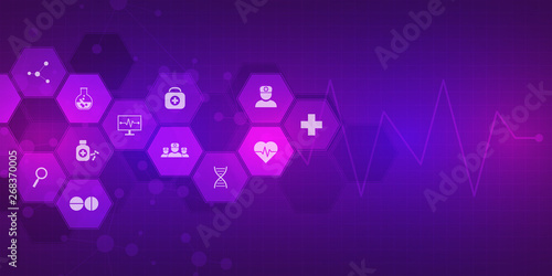 Abstract medical background with flat icons and symbols. Concepts and ideas for healthcare technology, innovation medicine, health, science and research.