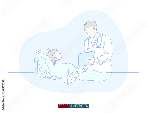Continuous line drawing of doctor and patient dialog. Hospital scene. Template for your design works. Vector illustration.