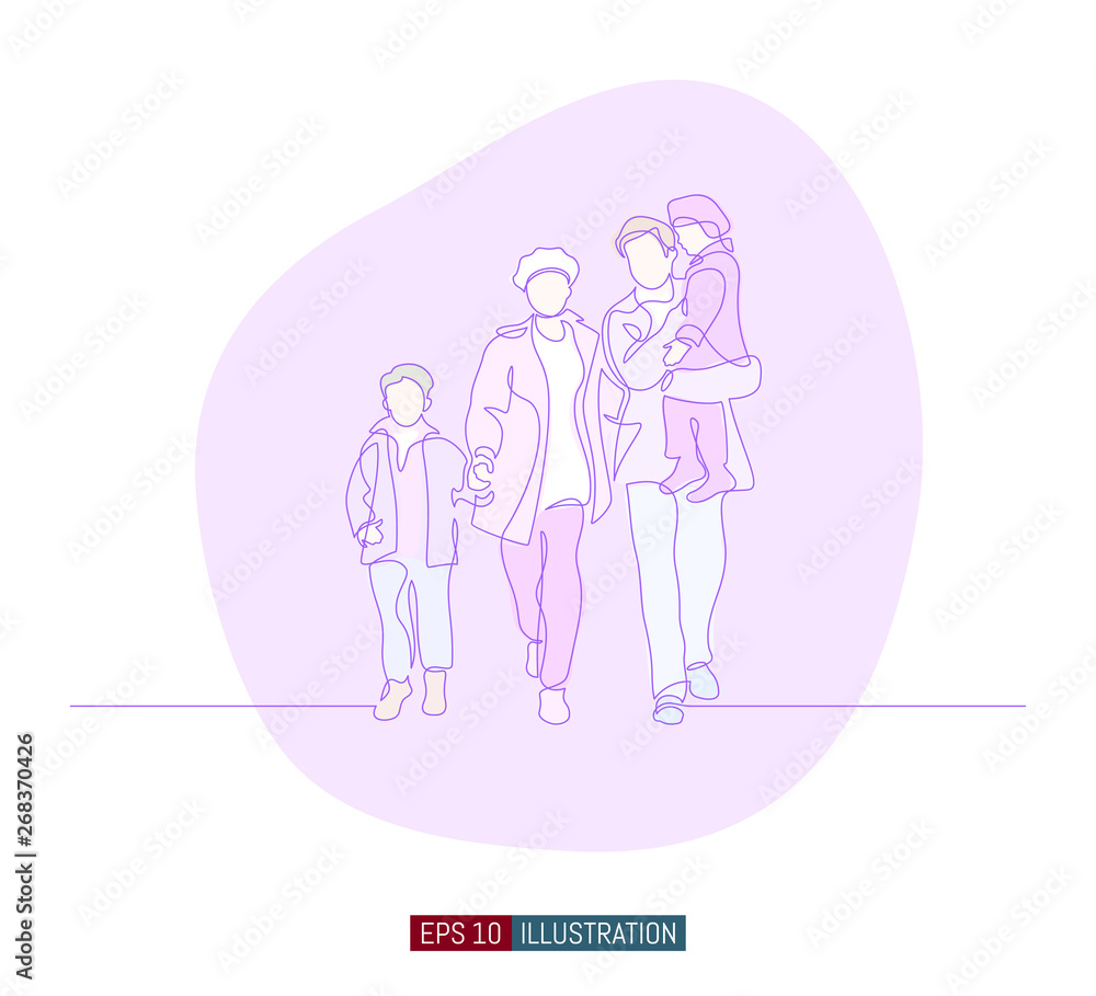 Continuous line drawing of happy family walking. Template for your design works. Vector illustration. Continuous line drawing of happy family walking. Template for your design works. Vector illustration.